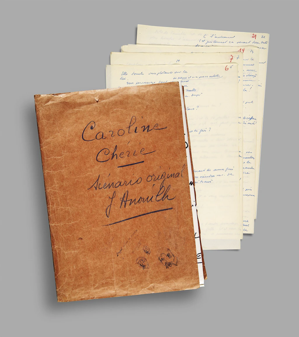 Manuscrit du scénario écrit par Jean Anouilh pour l’adaptation de «Caroline chérie» (film de Richard Pottier, 1951, d’après le roman de Cecil Saint-Laurent)