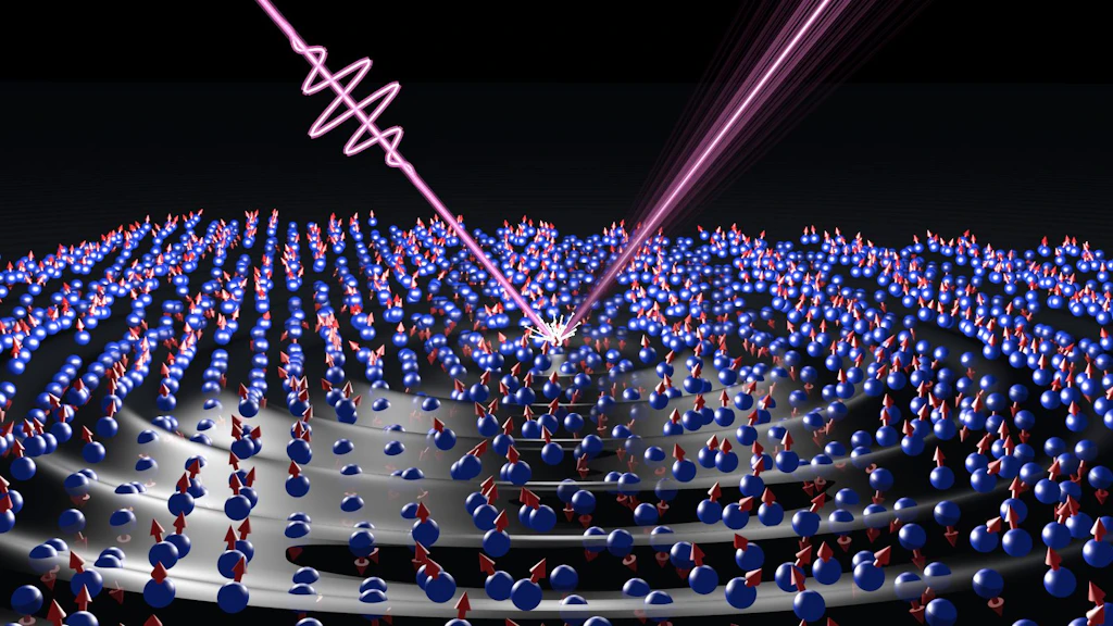 An ultrashort laser pulse triggers collective excitations in an antiferromagnetic material, forming a wave.